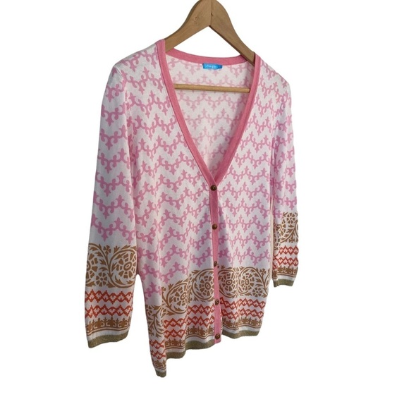 J. McLaughlin Cardigan Sweater Womens Size Small Pink Knit Gold Trim Office Work - Picture 2 of 9
